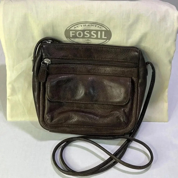 Fossil Small Dark Chocolate Genuine Leather Boho Hippie Crossbody Bag Vintage - Picture 1 of 14